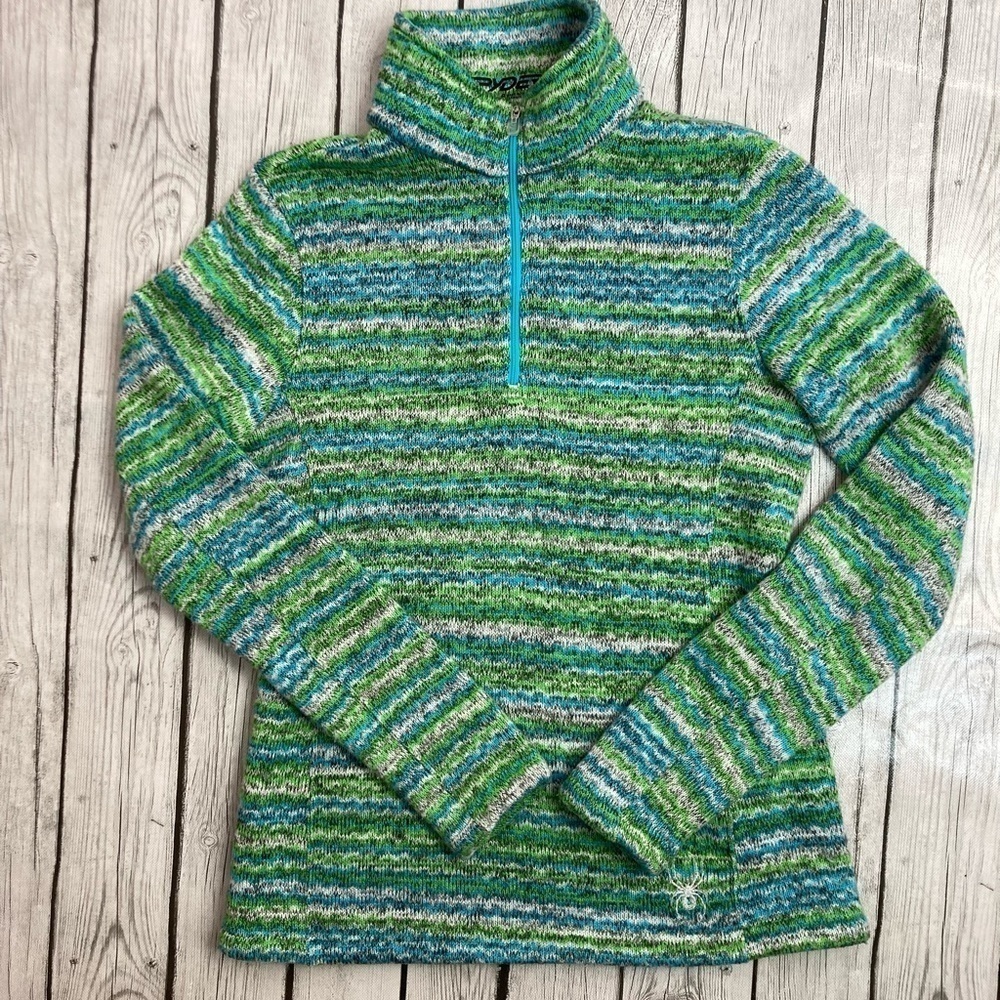 Spyder Women's Green & Blue Striped Half-Zip Cowl Sweater